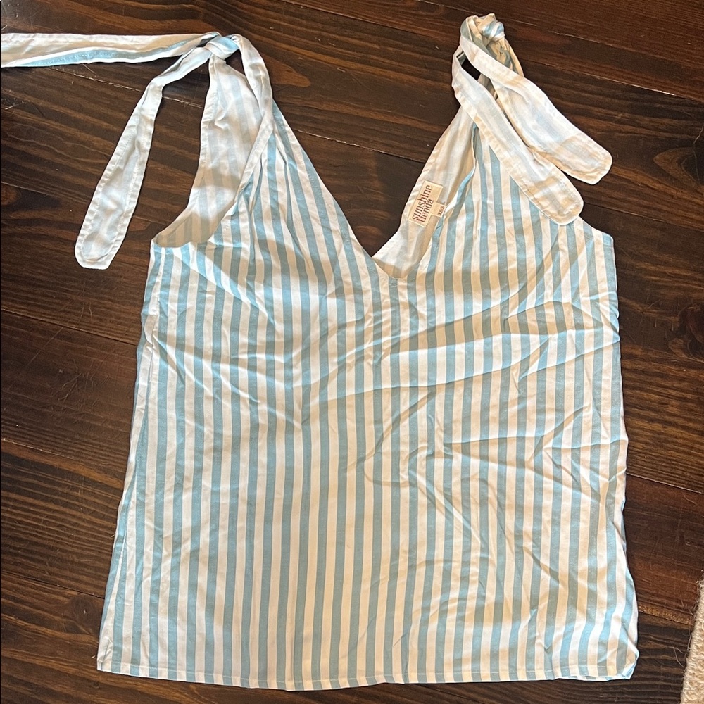 Sunshine Tienda Striped Blue and White Tie-Shoulder Top